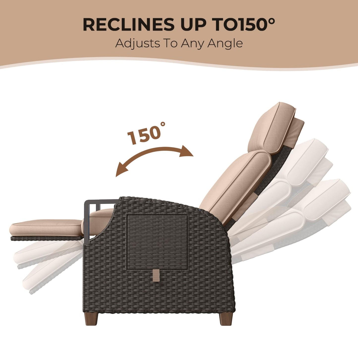 Grand patio Outdoor Recliner with Independent Adjustable Back and Footrest, Air Pump 150° Lay Flat Reclining Chair Removable Olefin Cushion Flip-Up Table Wicker Beige 1PC