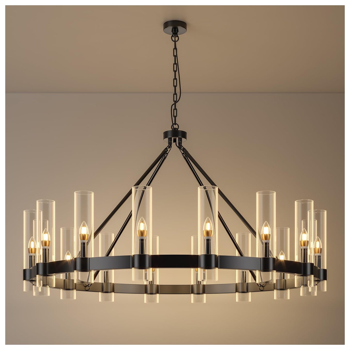 AEULYTIR 48 Inch Black Wagon Wheel Chandelier with Glass Shade, 16 Lights, Modern Farmhouse Style, Ideal for Dining Room, Kitchen, Entryways