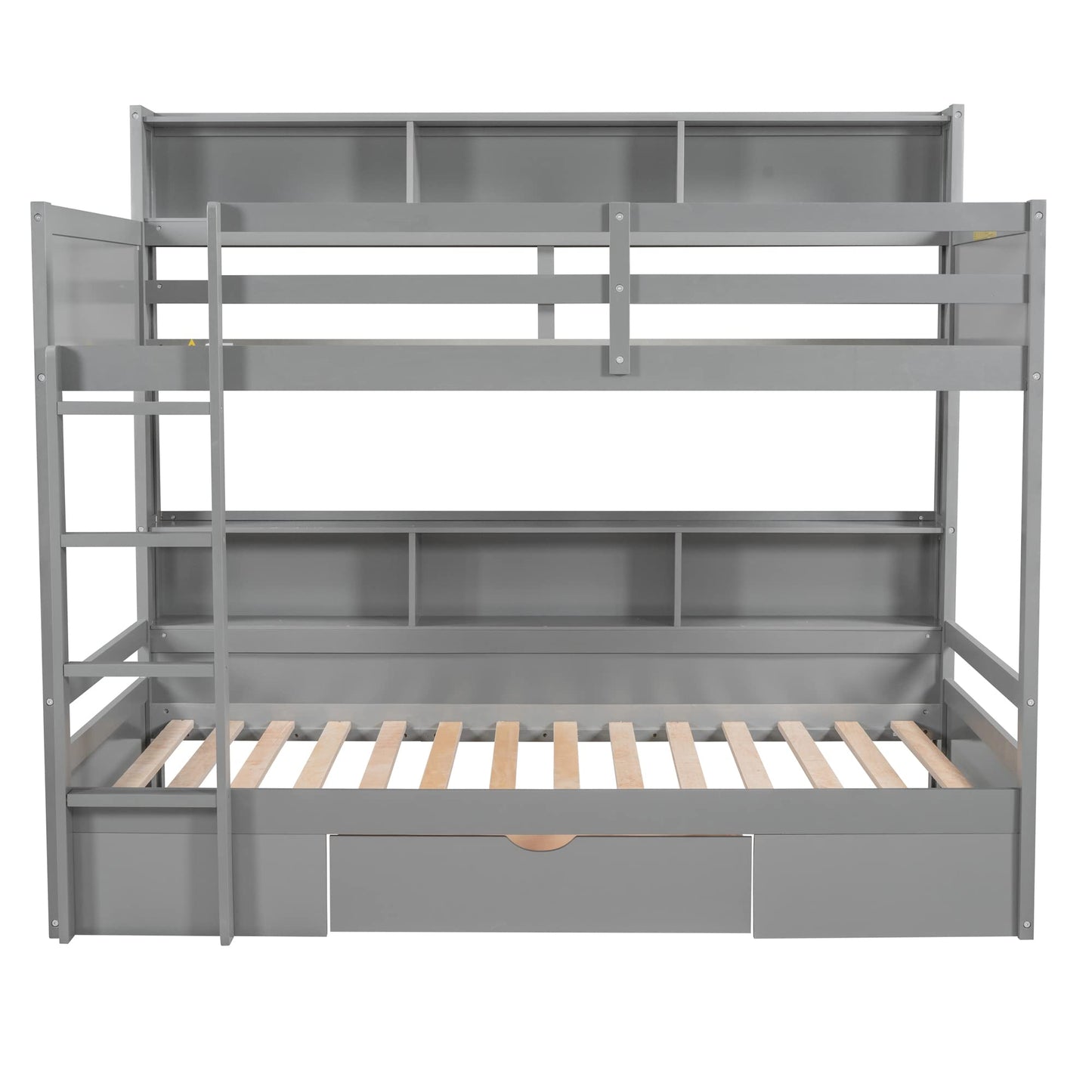 Ball & Cast Twin Over Twin Bunk Bed with Built-in Shelves Beside Both Upper and Down Bed & Storage Drawer, Twin Size Wooden Bunk Bed with Guardrails and Ladder for Kids,Teens,Adult,Gray