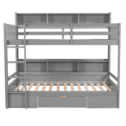 Ball & Cast Twin Over Twin Bunk Bed with Built-in Shelves Beside Both Upper and Down Bed & Storage Drawer, Twin Size Wooden Bunk Bed with Guardrails and Ladder for Kids,Teens,Adult,Gray
