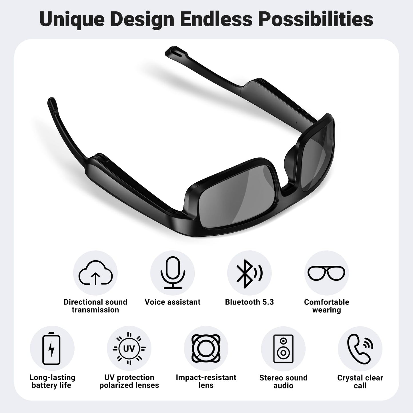 Smart Glasses, Polarized Bluetooth Sunglasses, Built-in Mic & Speakers, Voice Assistant, UV Protection Audio Sun Glass
