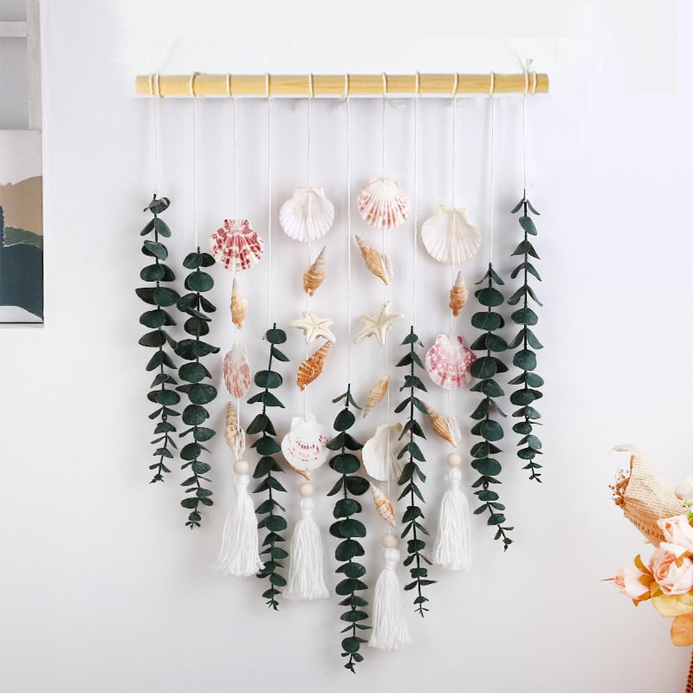 Artificial Eucalyptus Wall Hanging Decor, with Wooden Stick,Chic Boho Rustic Home wall Art Decor for Bathroom Bedroom Office Living Room (Artificial Eucalyptus Cream Tassels with Shells)