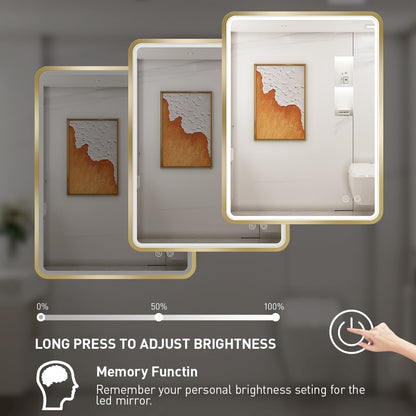 FTOTI 28x36 Inch LED Bathroom Mirror with lights,Wall Mounted Lighted Vanity Mirrors with Non-Rusting Gold Metal Frame Anti-Fog Memory Funtion Stepless Dimmable for Bathroom Decor(Horizontal&Vertical)