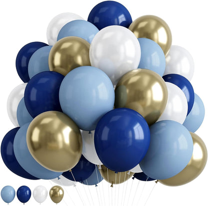 12inch Retro Navy Blue Gold and White Balloons, Pastel Dark Light Blue White Latex Balloons with Metallic Chrome Gold