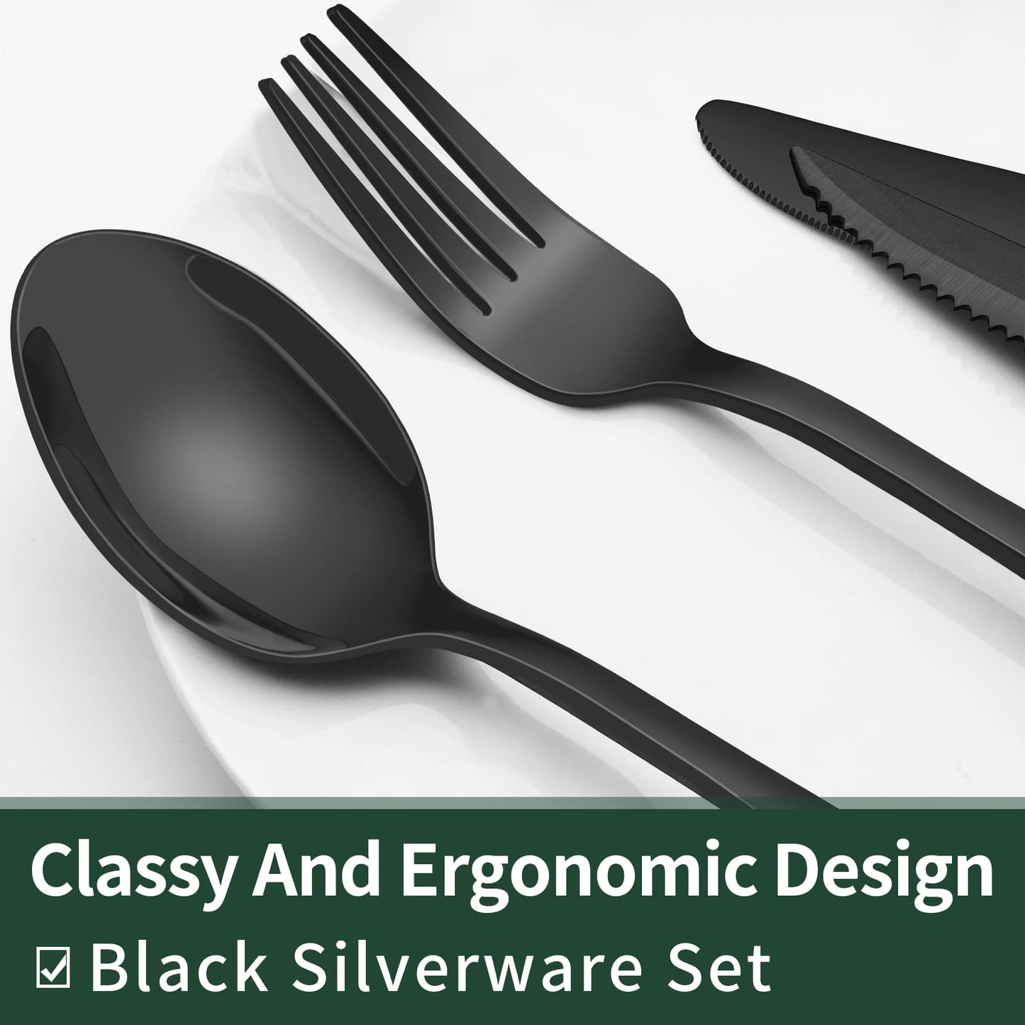 EWFEN 24-Piece Black Silverware Set with Steak Knives, Black Flatware Set for 4, Food-Grade Stainless Steel Tableware Cutlery Set, Mirror Finished Utensil Sets for Home Restaurant, Round Edge