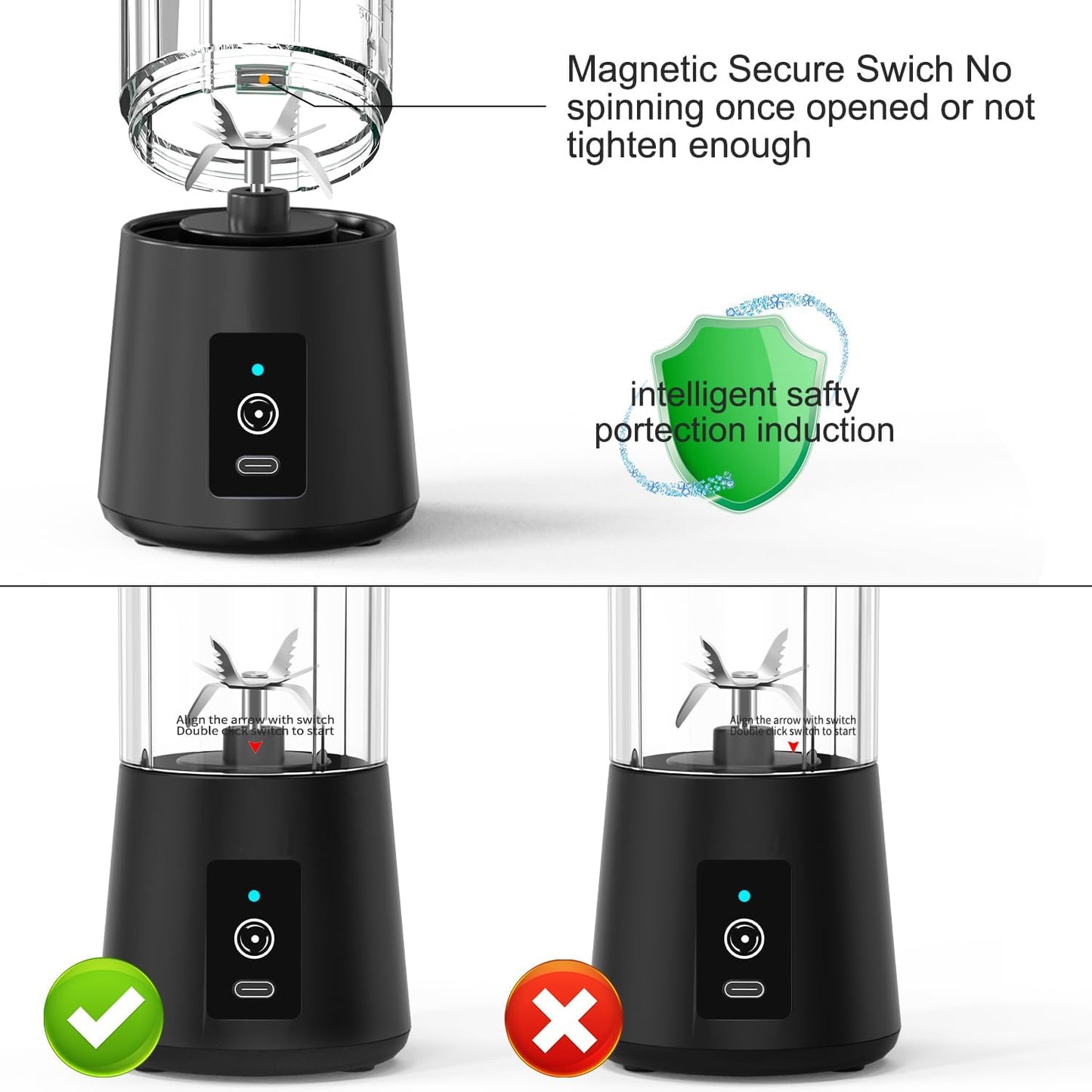 Portable Blender Bottles, Personal Mini Blender for Shakes & Smoothies, 13oz USB-C Rechargeable (Black)