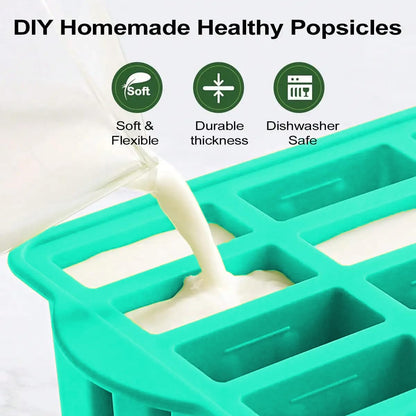 12 Cavities Silicone Popsicle Molds,Popsicle Molds, Food Grade Cake Molds for Ice Cream,Complimentary 50 sticks,green