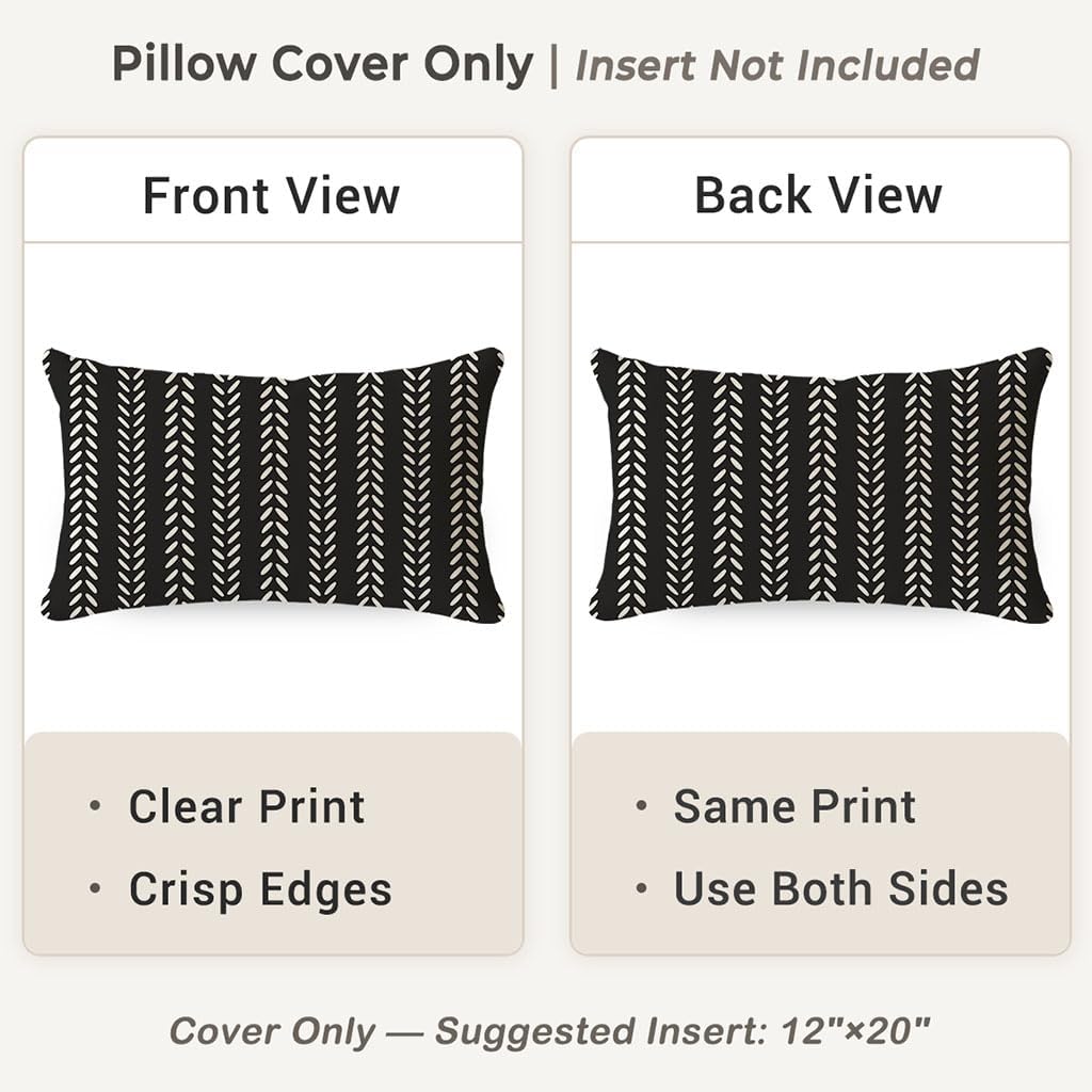 12x20 Set 2, PANDICORN Outdoor Lumbar Throw Pillow Covers of Black Geometric Chevron Herringbone Striped Pattern