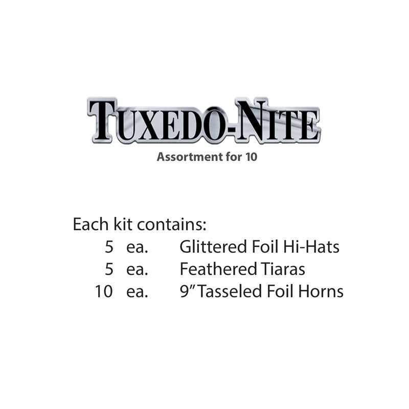 Beistle Tuxedo-Nite New Years Eve Party Assortment for 10 People- NYE Glittered Top Hats, Feathered Tiaras, Tassel Horns, Made in USA Since 1900