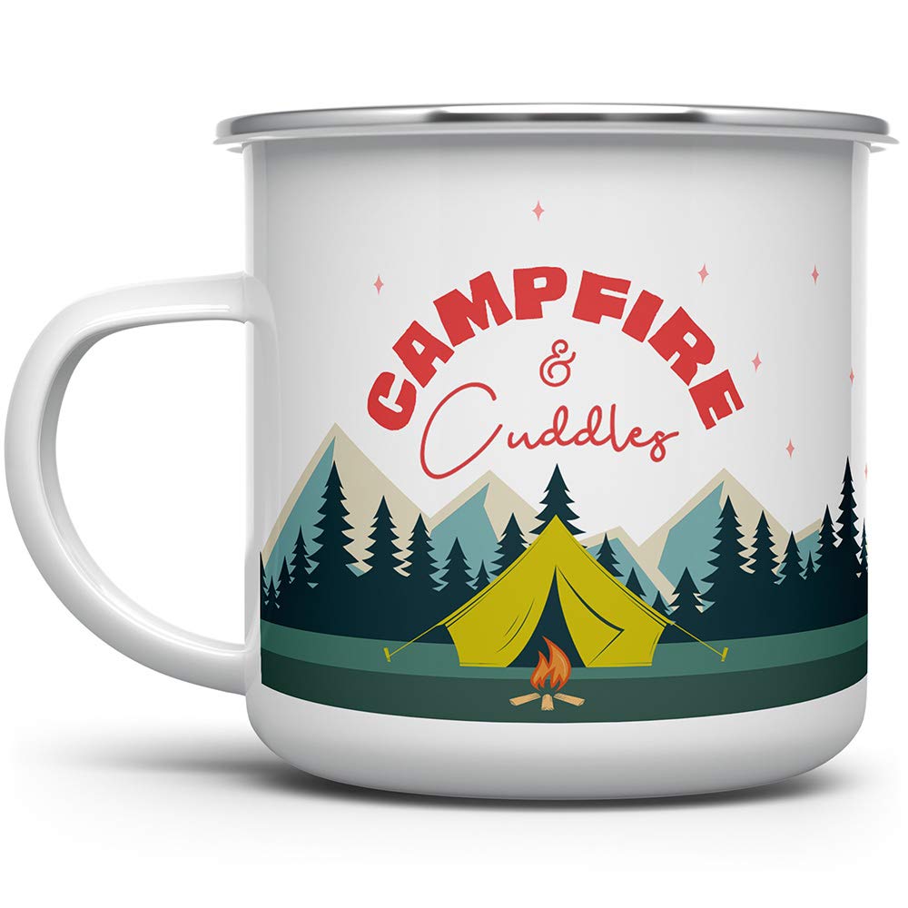 Campfire and Cuddles Enamel Camp Mug, Outdoor Camping Coffee Cup, Mountain Nature Hiking Gift (12oz)