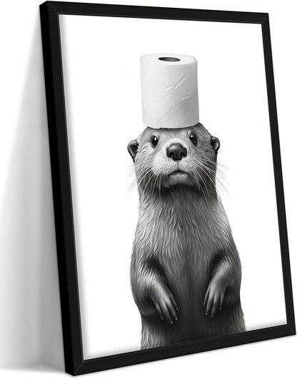 Framed Funny Bathroom Wall Art, Black and White Animal Canvas Wall Decor Painting, Cute Otter Holding Toilet Paper on Head Prints Pictures for Bathroom Restroom 8x10 Inch Black Frame