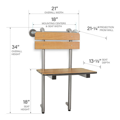 Seachrome Profile Folding Shower Seat with 18 inch Grab Bar, Removable Hanging Bench with Backrest & Legs, Teak Phenolic Seat, Stain Stainless Steel Grab Bar