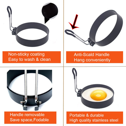 WOWITIS Upgrade 4'' Large Egg Rings Set, 4 Packs Stainless Steel Round Egg Maker Mold, Anti-scalding Grill, 1X Oil Brush & 1X Egg Separator White