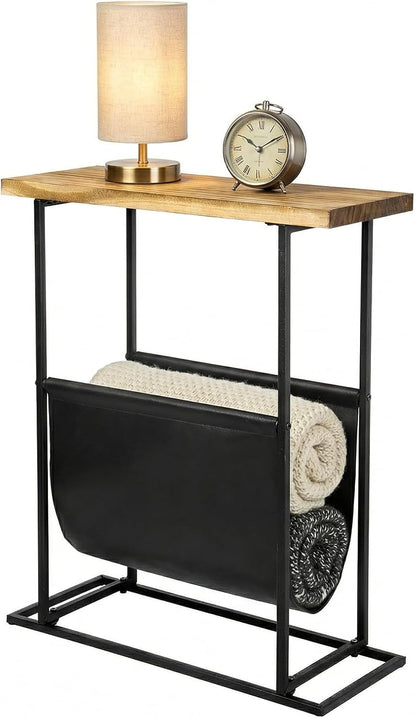 21-Inch MyGift Modern Narrow Living Room End Table with Solid Burnt Wood Tabletop and Black Metal Frame, Bedroom