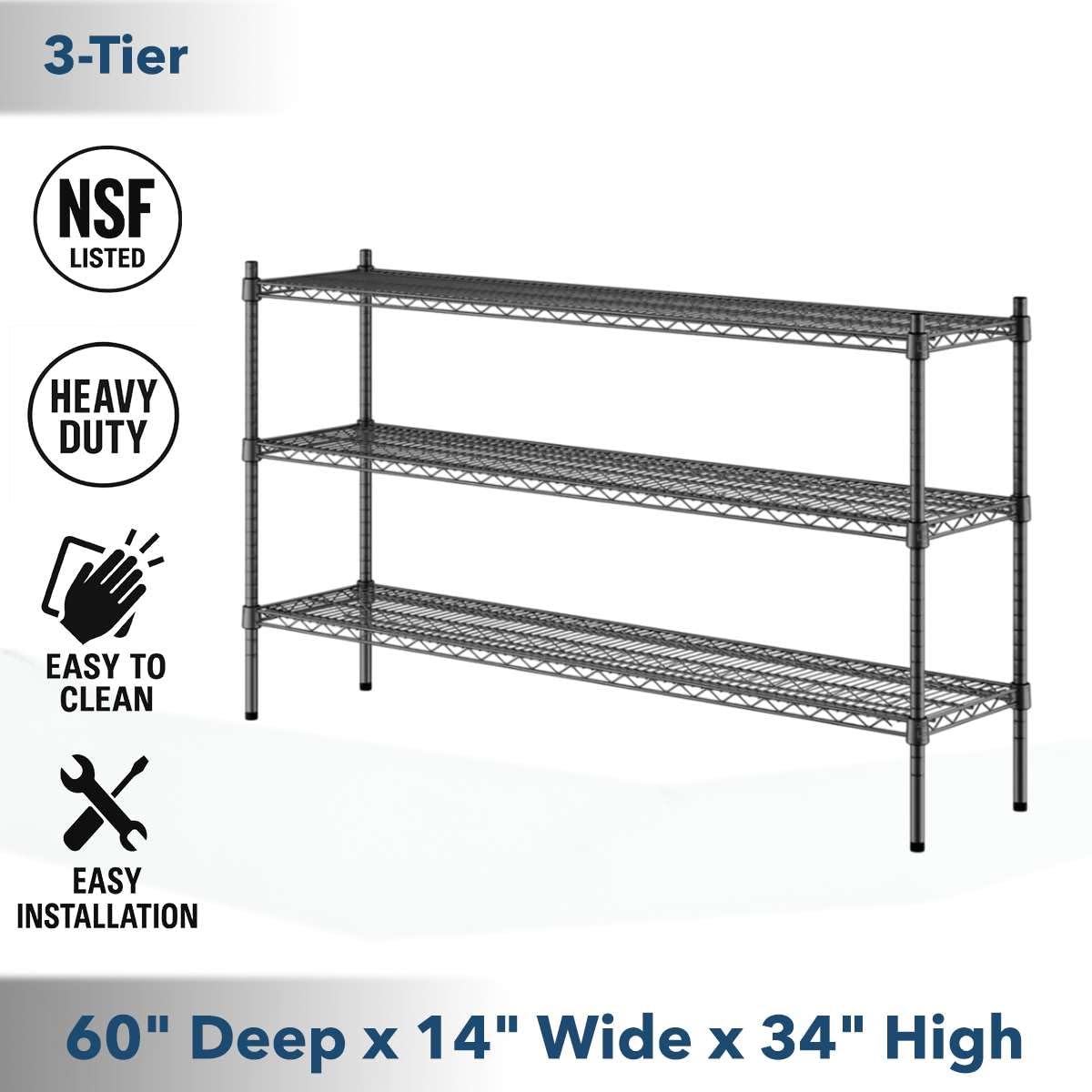 14" x 60" NSF Black Epoxy 3-Shelf Kit with 34" Posts - Commercial Storage Rack Unit - Heavy-Duty Adjustable Wire Shelving Unit for Restaurant, Retail, and Warehouse Storage - 1,800 lb Capacity