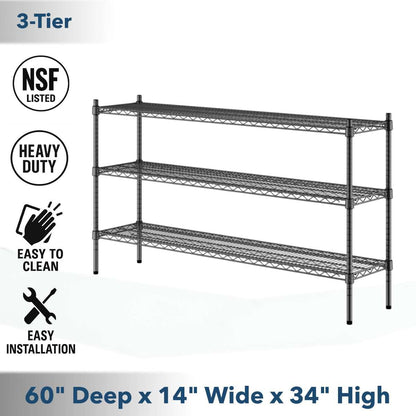 14" x 60" NSF Black Epoxy 3-Shelf Kit with 34" Posts - Commercial Storage Rack Unit - Heavy-Duty Adjustable Wire Shelving Unit for Restaurant, Retail, and Warehouse Storage - 1,800 lb Capacity