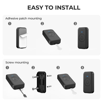 Wireless Doorbell, Waterproof Door Bell with 60 Chimes, 5 Levels Volume and LED Flash, 1000ft Long Range Classroom Doorbell for Home Office Hospital (2 Receiver & 1 Button, Black)