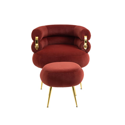 Upholstered Velvet Barrel Accent Chair with Ottoman,Accent Comfy Lounge Arm Chair and Footrest Stool Set,Single Sofa Armchair with Lounge Seat for Bedroom,Office (Wine Red)