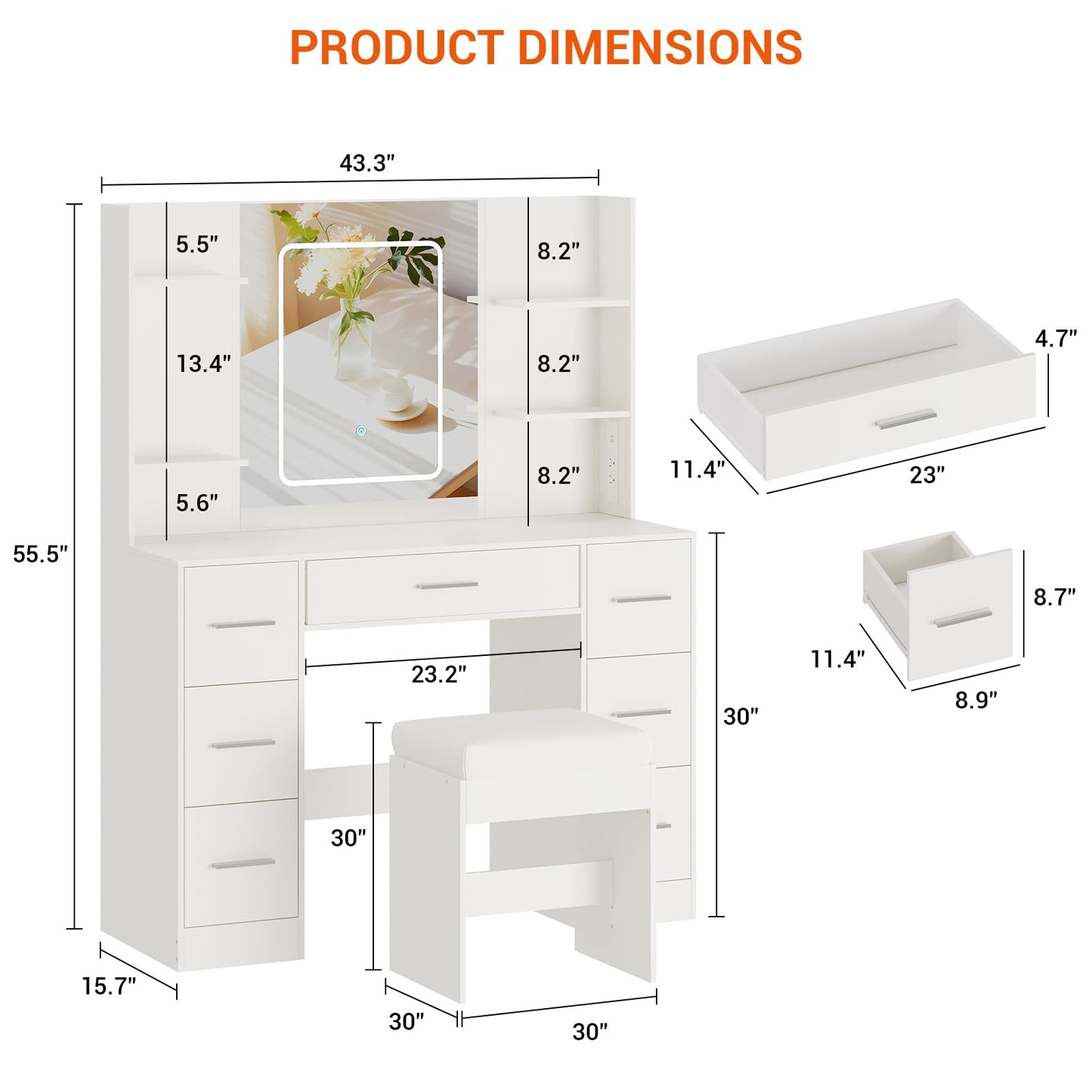 GarveeLife 7-Drawer Vanity Desk with Lights and Mirror – White Makeup Vanity Set with Power Outlets & USB, 3 Color LED Modes & Dimmable, Includes Hair Dryer Holder & Cushioned Stool for Bedroom, White