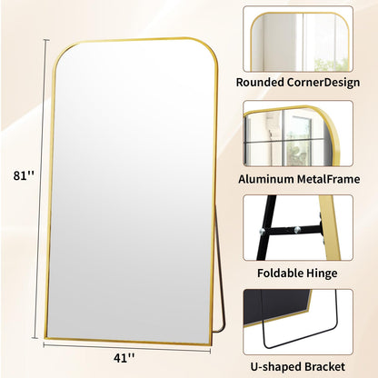 Riskioir Full Length Mirror 81"x41" Arched Floor Standing Large Mirrors Full Body Mirror with Stand - with Aluminum Frame for Bedroom Living Room, Gold
