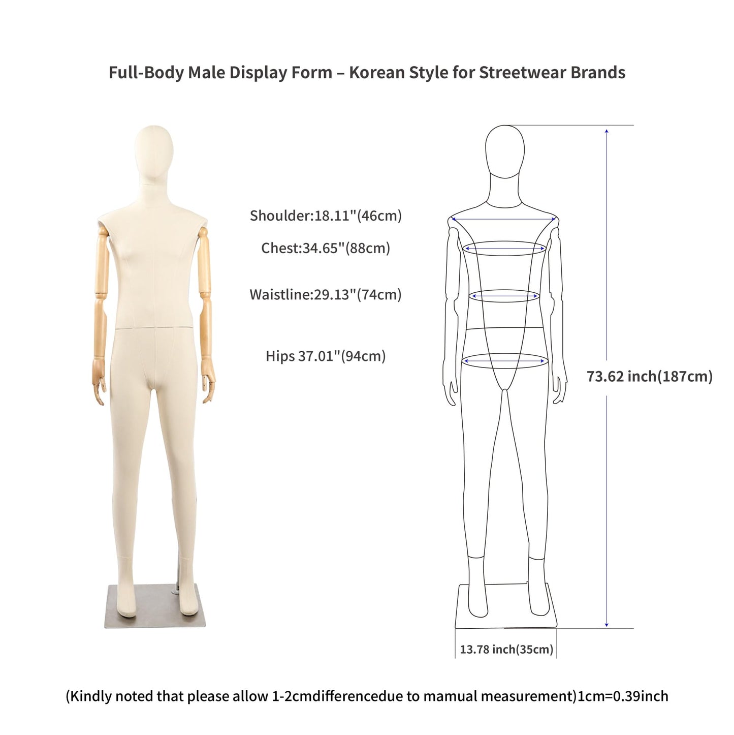 Full Body Male Mannequin with Articulated Wood Arms, Premium Linen Covered Dress Form with Heavy Metal Base, Posable Retail Display Dummy for Boutique Window & Streetwear(Cloth Head)