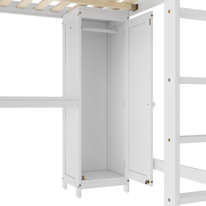Bellemave Solid Wood Queen Size Loft Bed with Desk and Wardrobe,Loft Bed Frame with Storage Shelves and Bookcase for Kids,Teens,Adults,Queen Size,Space Saving,White