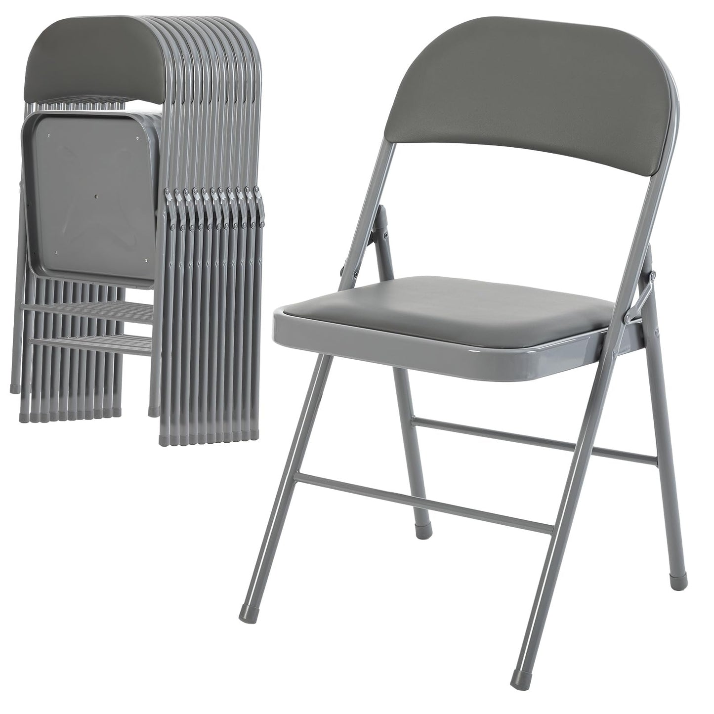 DUMOS 12 Pack Folding Chairs with Padded Cushion and Back - PU Leather Stackable Portable Dining Chairs Set, for Home and Office, Conference, Wedding, Party, Patio, Garden, for Indoor Outdoor, Grey