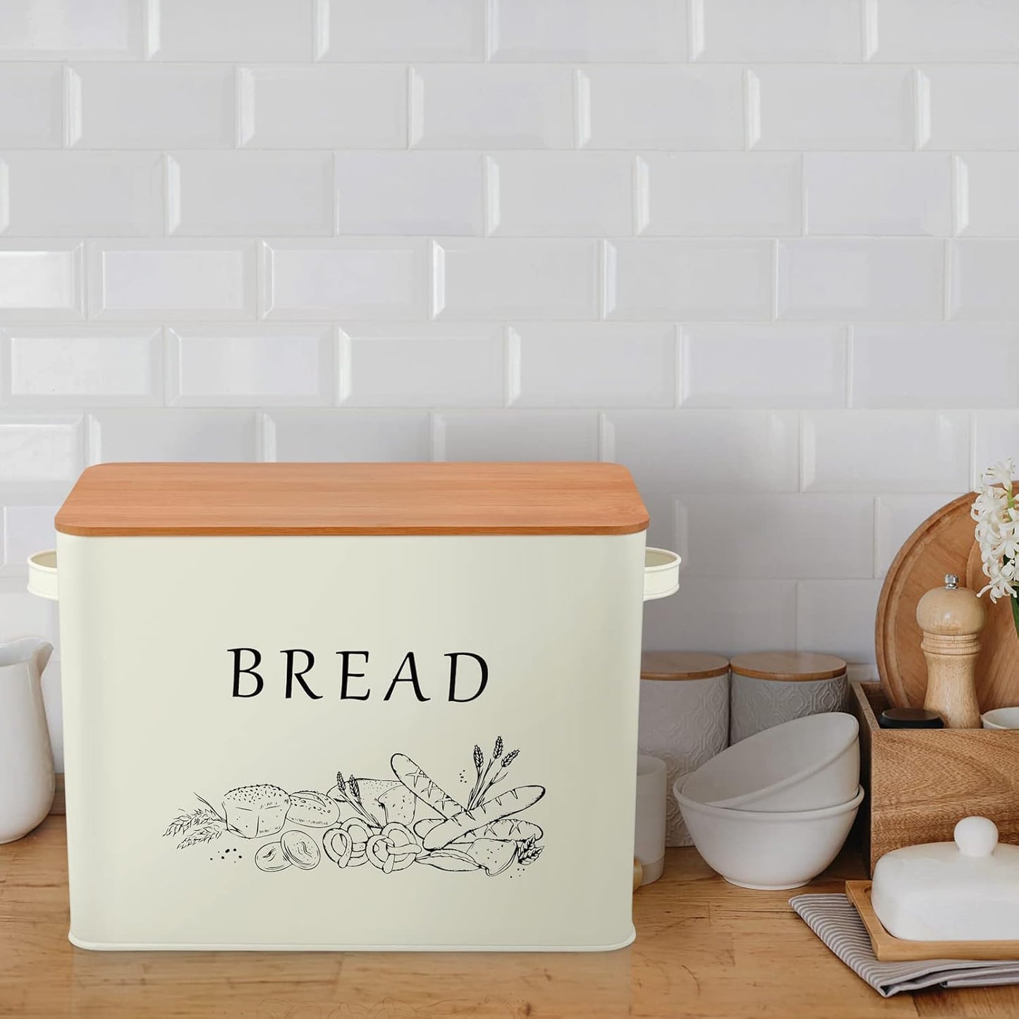 13.1 7.2 9.7 Countertop, TeamFar Bread Box with Wooden Lid, x x Bread Container Storage Holder for Family Farmhouse
