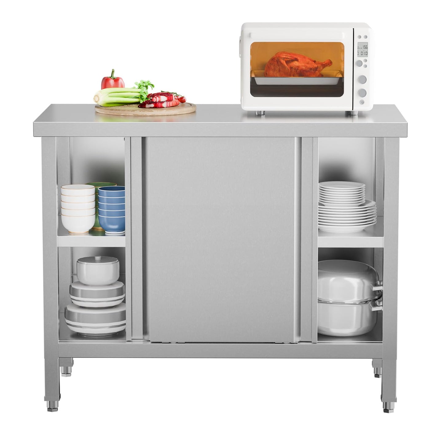 ROVSUN Stainless Steel Table with Cabinet 39 x 19 inches, NSF Commercial Heavy Duty Kitchen Table for Prep & Work, Kitchen Cabinet with 2 Sliding Doors for Restaurant, Home, Hotel, Garage, Laundry