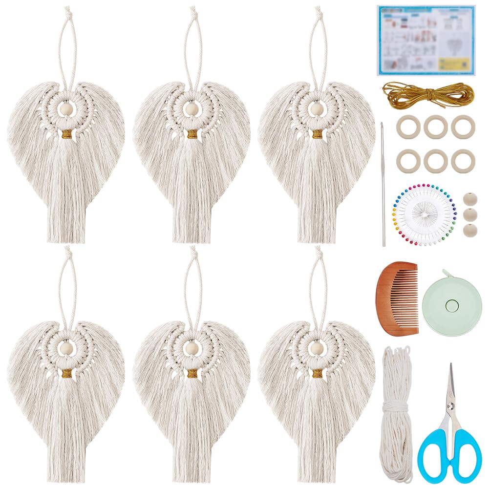 FREEBLOSS 6 Set DIY Macrame Angel Kit Macrame Angel Hanging Ornament Boho Macrame Wall Hanging Decor Macrame DIY Kit Christmas Gift for Mom Girls(White)