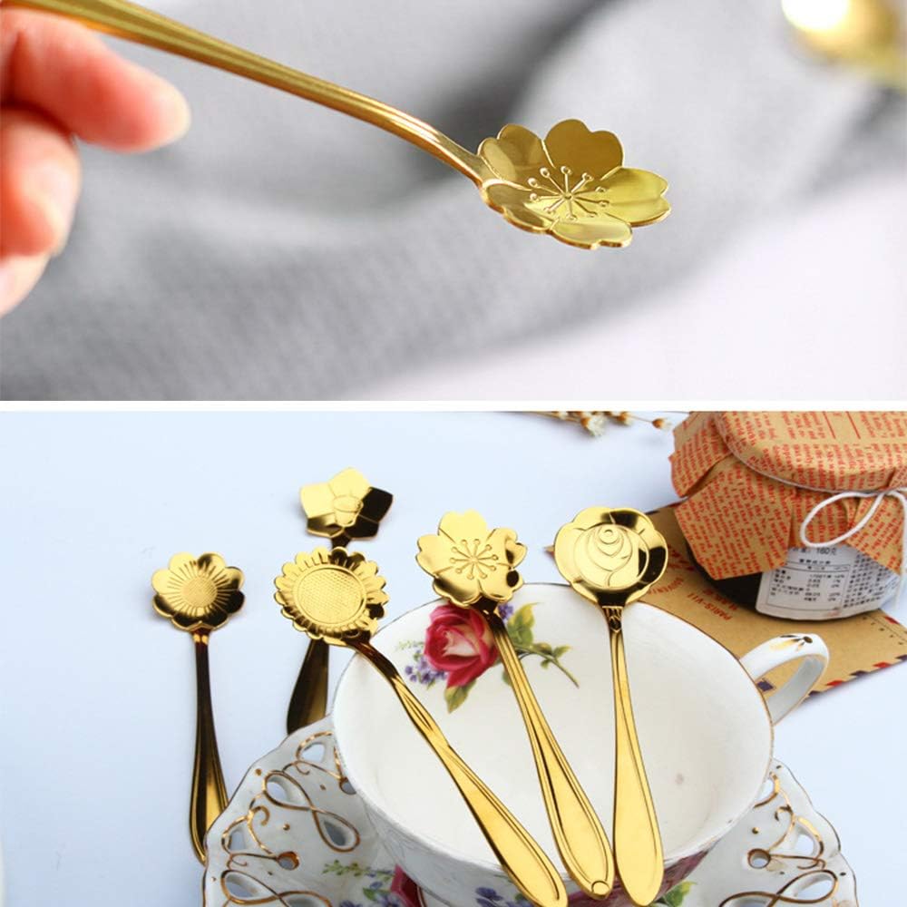 Stainless Steel Creative Flower Coffee Spoon Set - Sugar Spoon, Stirring Spoon, Ice Tea Spoon, Gold, Set of 8