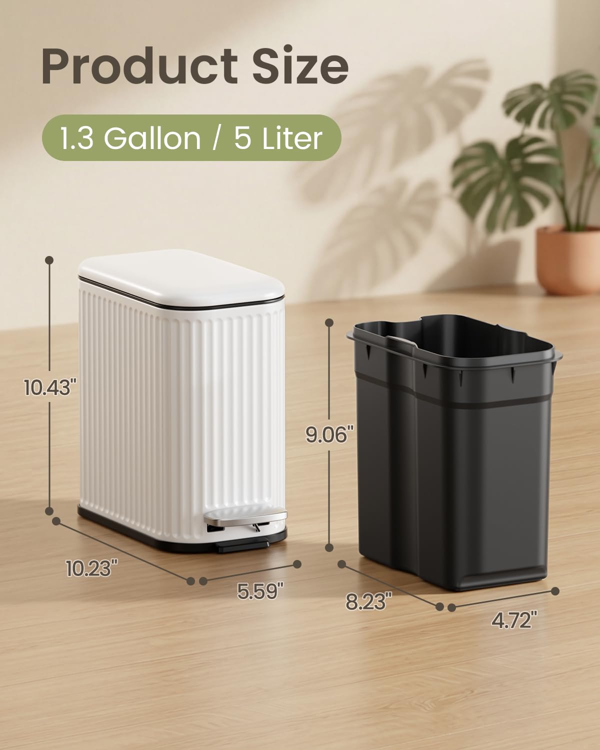 Cesun Bathroom Small Trash Can with Lid Soft Close - 1.3 Gallon Slim Garbage Can with Removable Inner Bucket, Stainless Steel Waste Basket with Step Pedal for Bedroom, Living Room, Office, White