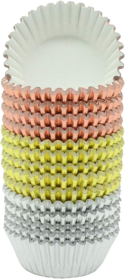 Mini Metallic Foil Paper Cupcake Liners in Rose Gold, Gold, and Silver - 300-Count Baking Cups
