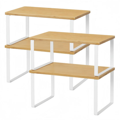 NEX Bamboo Kitchen Cabinet and Counter Shelf Organizer, Stackable & Expandable, Set of 4, White and Natural