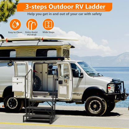 LUCKUP 3 Step RV Stairs with Handrails- Non Slip Hot Tub Steps Portable Mobile Home Stairs for RV, Travel Trailer, Camper Outdoor (Black)