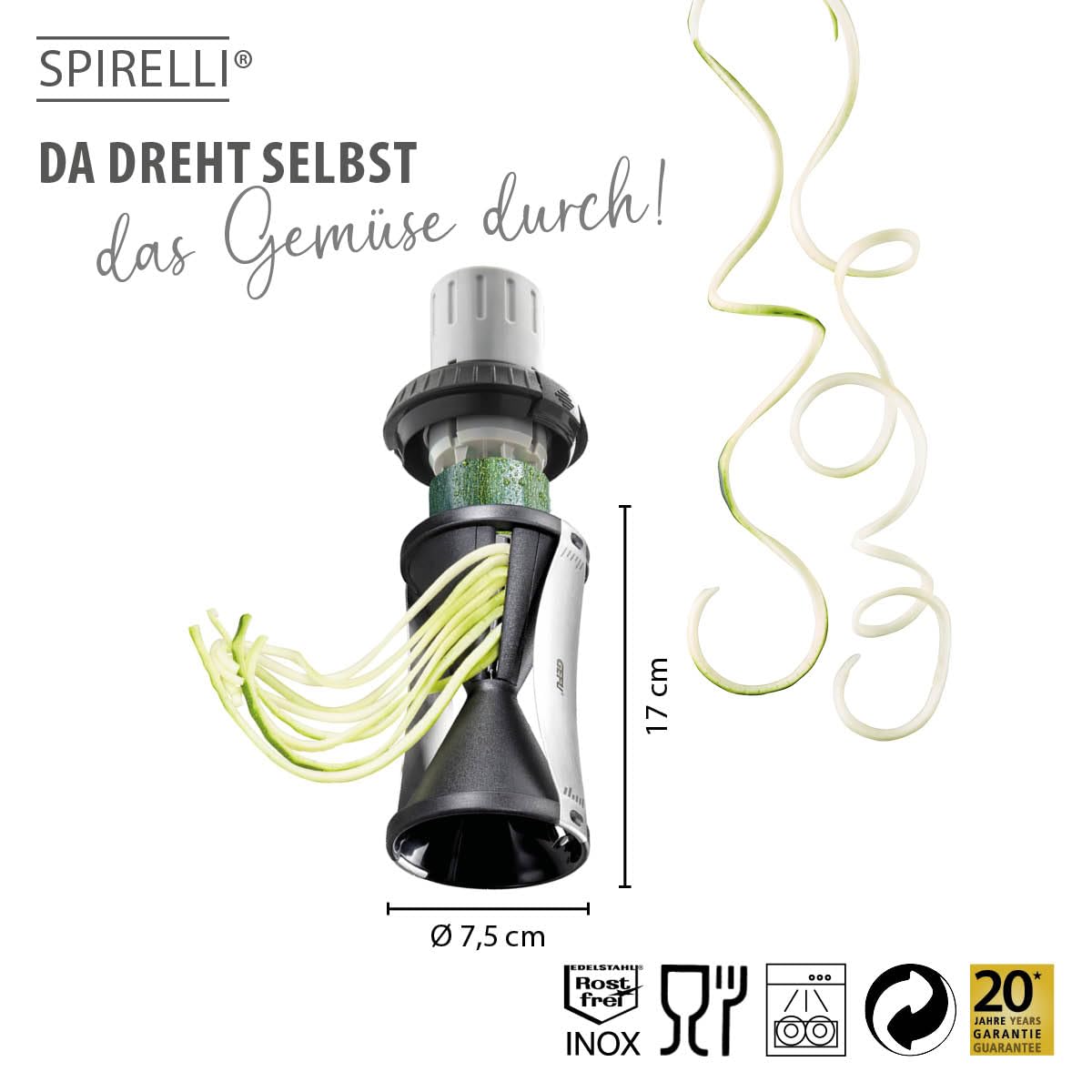 GEFU Spiralizer - Vegetable Spiral Slicer with Attachable Finger Guard - Spirelli 2.0