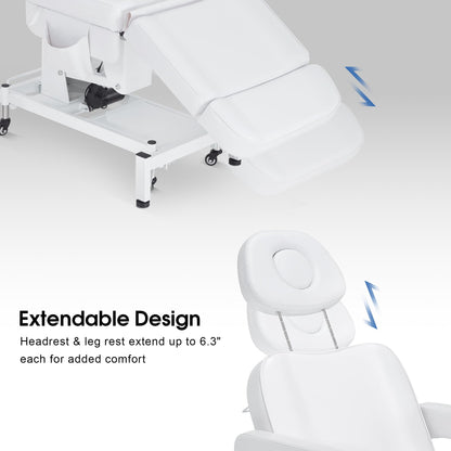 BarberPub Fully Electric Beauty Bed, 3-Motor Salon Spa Chair with Foot-Controlled Wheels, Adjustable Height, Backrest & Leg Rest – PVC Leather, Professional Facial & Treatment Table 2754 (White)