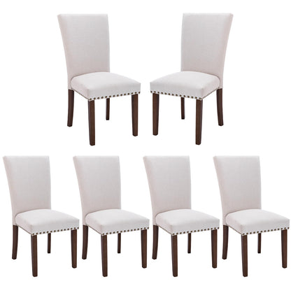COLAMY Upholstered Dining Chairs Set of 6, Parsons Style Side Chairs with Nailhead Trim and Solid Wood Legs, Comfortable Linen Fabric for Kitchen & Dining Room – Beige