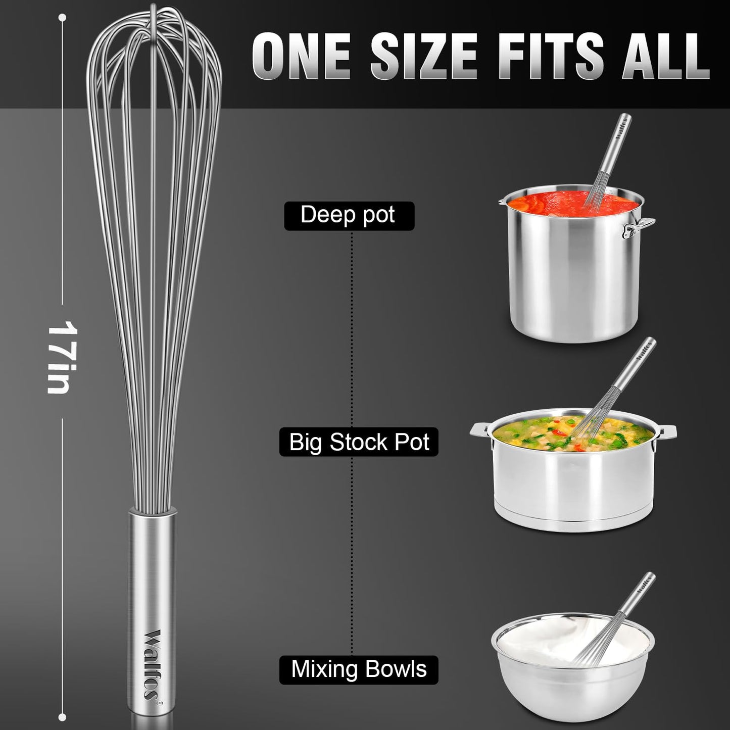 Walfos Whisk,17in Large Whisks, Heavy Duty Stainless Steel Wire Whisk Ideal For Beating Eggs, Blending Sauces, Mixing Batter.