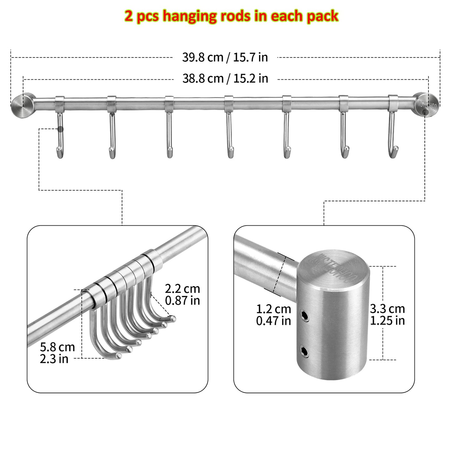 Pot Hangers 2 Pack - 16 Inch Wall Mount Or Under Cabinet Hanging Bars With 7 Sliding Hooks Per Rods, Heavy Duty Pot Rack Kitchen Organizer 304 Stainless Steel Utensil Hanger Versatile Space Saving