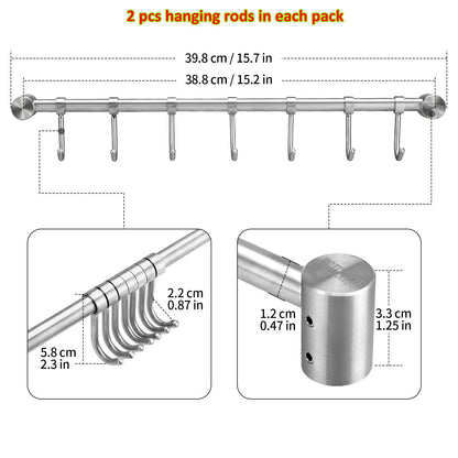 Pot Hangers 2 Pack - 16 Inch Wall Mount Or Under Cabinet Hanging Bars With 7 Sliding Hooks Per Rods, Heavy Duty Pot Rack Kitchen Organizer 304 Stainless Steel Utensil Hanger Versatile Space Saving