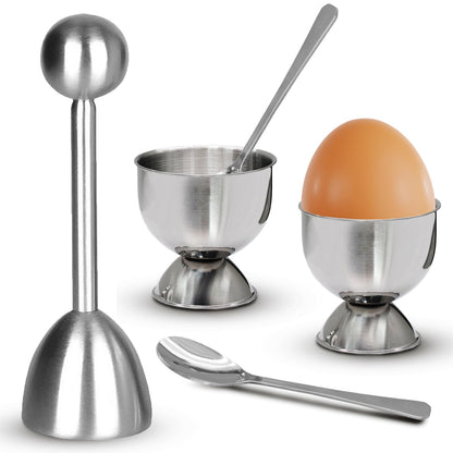 vibedor Egg Cups & Cracker Set of 5, 1 Stainless Steel Egg Topper Cutter - 2 Egg Holders for Soft Boiled Eggs - 2 Egg Spoons for Boiled Eggs