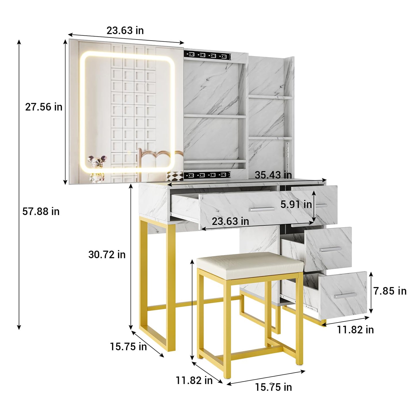 57'' Large Vanity Desk with Mirror & Lights, Makeup Vanity Table with Charging Station,