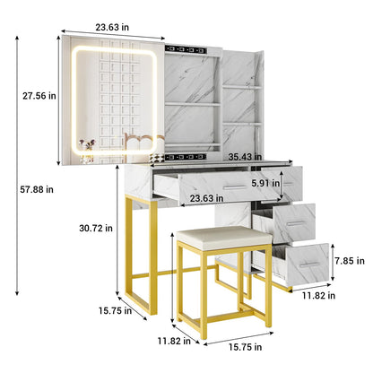 57'' Large Vanity Desk with Mirror & Lights, Makeup Vanity Table with Charging Station,