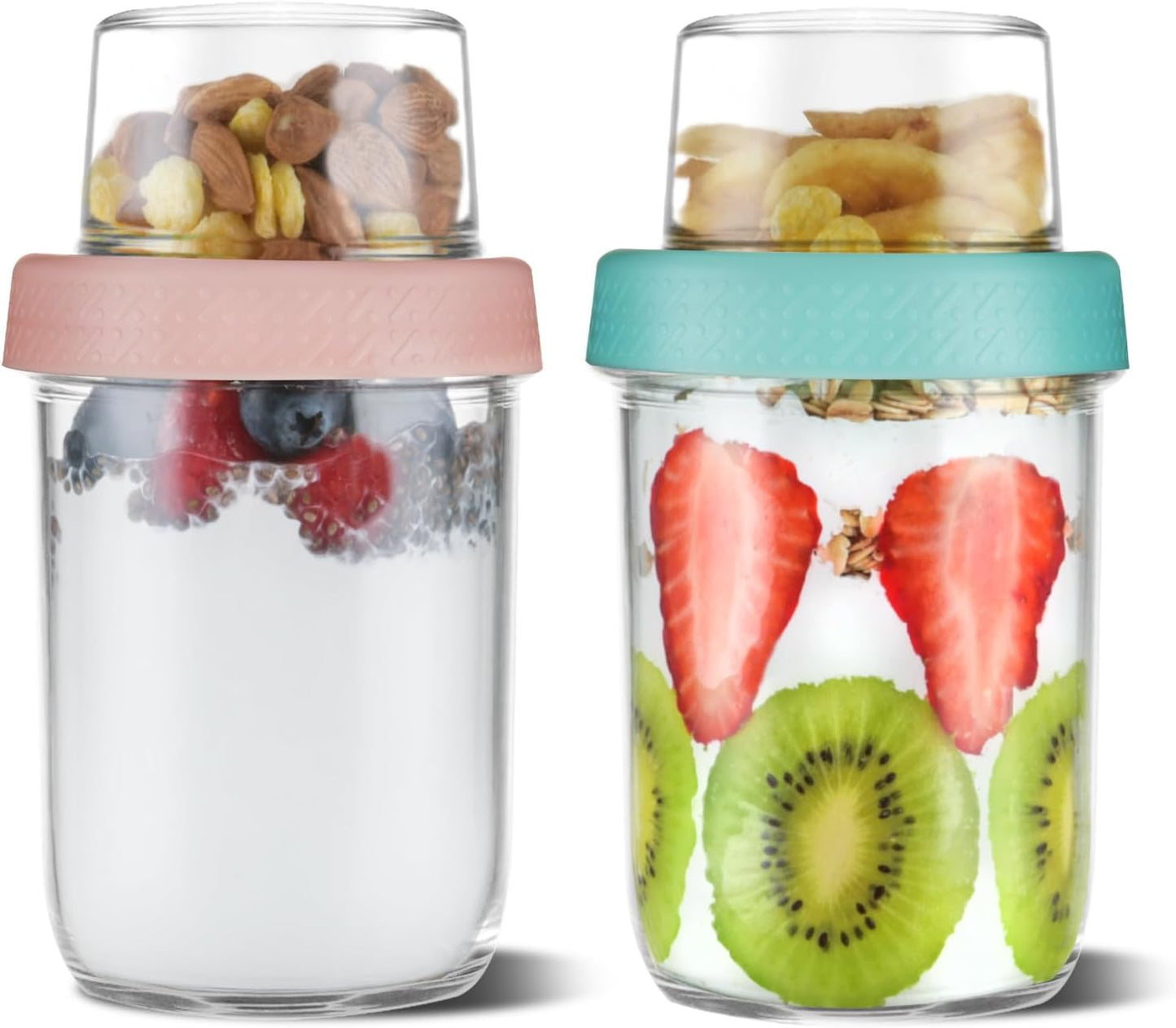 4oz 16 oz 2Pack, Glass Overnight Oats Containers with Lids Yogurt Parfait Cups with Dry and Wet Separation, Breakfast