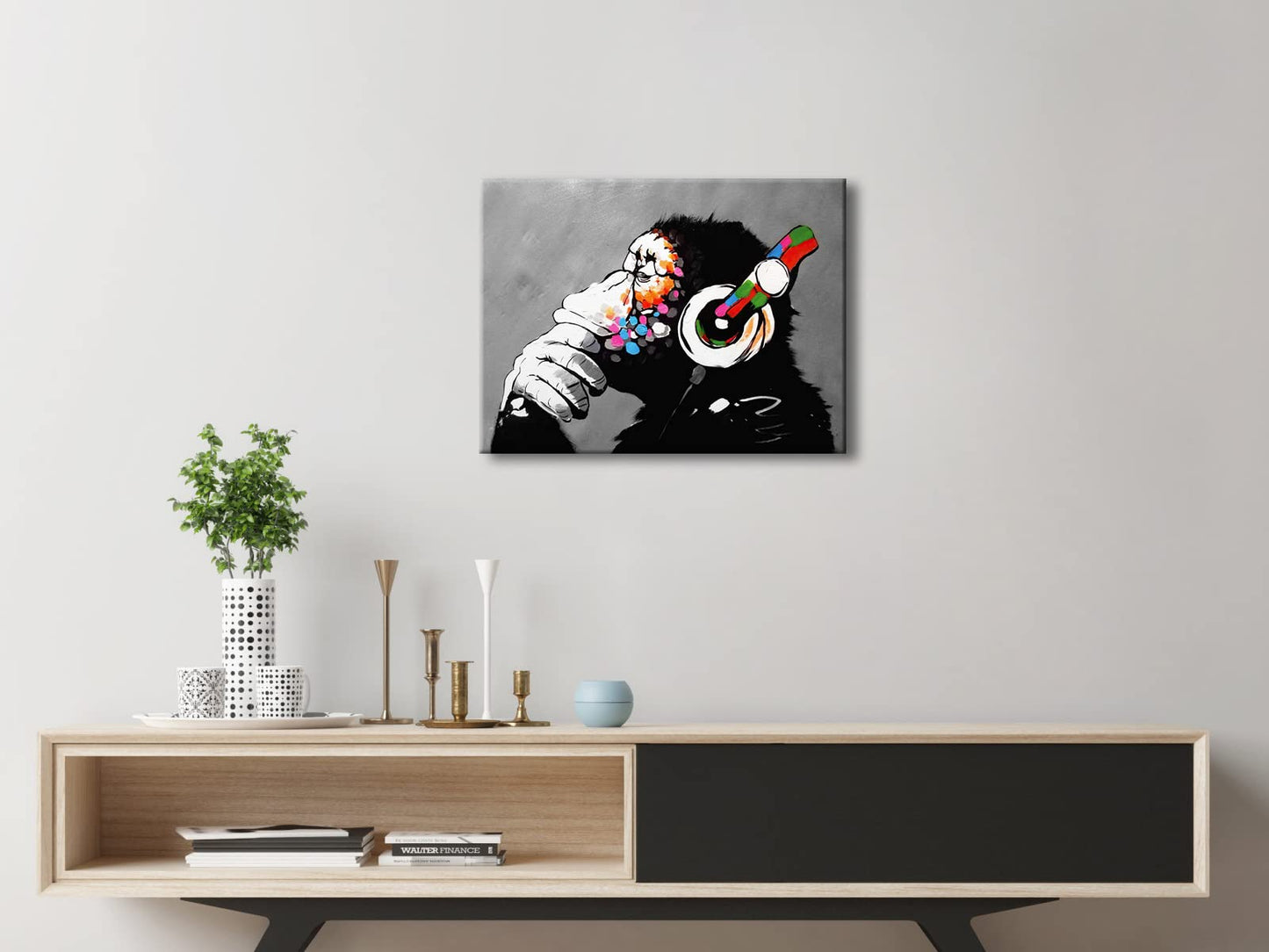 Wieco Art Black Framed Monkey With Headphones Banksy Graffiti Art Abstract Canvas Paintings Prints Animal Canvas Wall Art for Wall Decor and Home decorations Office Decor