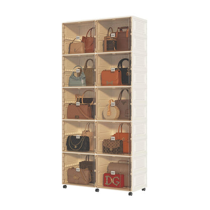 MAYIBOX 10 Cubbies Handbag Storage Organizer for Closet, Purse Organizer Cabinet with Magnetic Doors & Wheels, Foldable One-Piece Transparent Storage Box for Bags, Boots, Clothes, Toys, Books