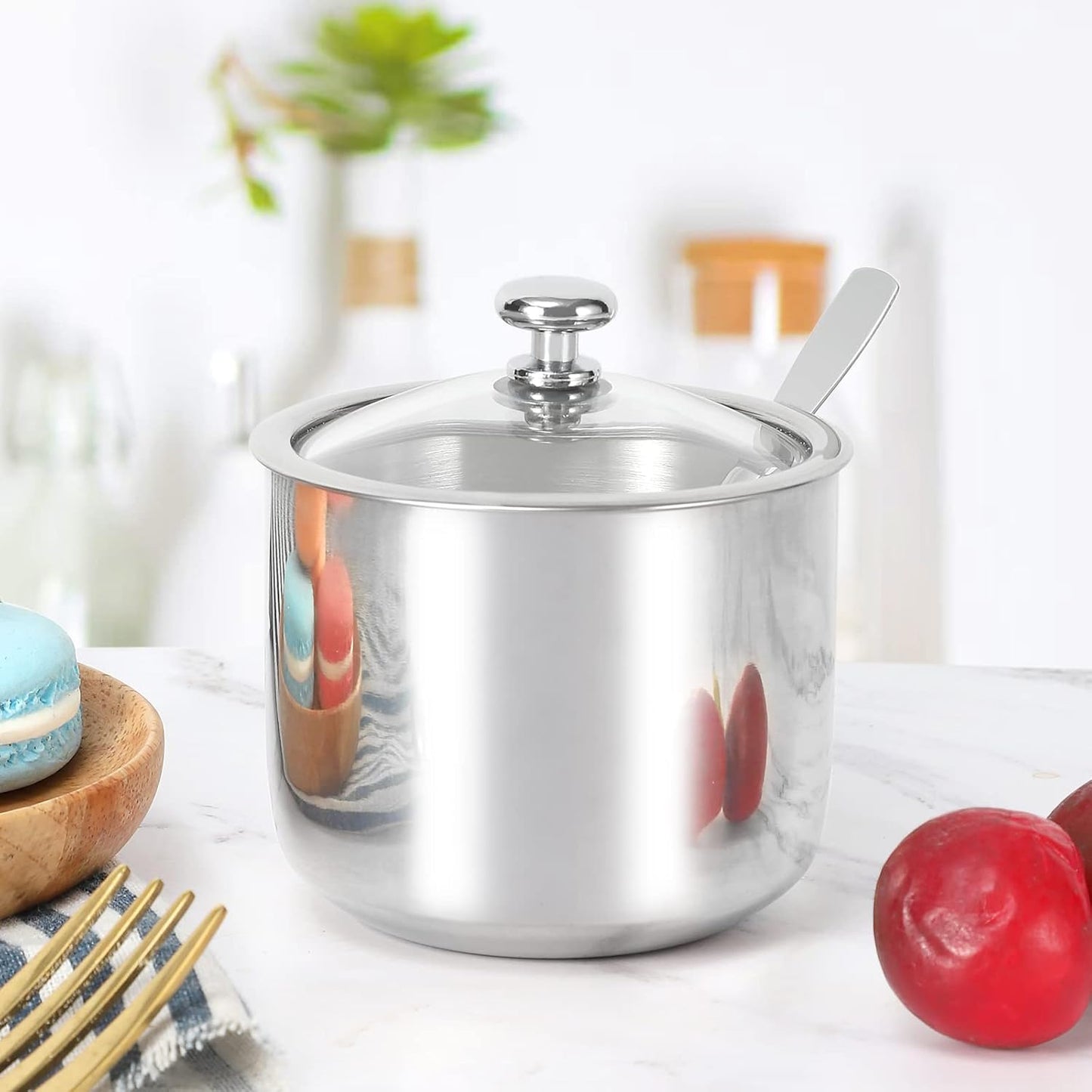 Stainless Steel Sugar Bowl with Clear Lid and Spoon, Polished Shiny Condiment Pot for Serving Sugar, Pepper, Salt,
