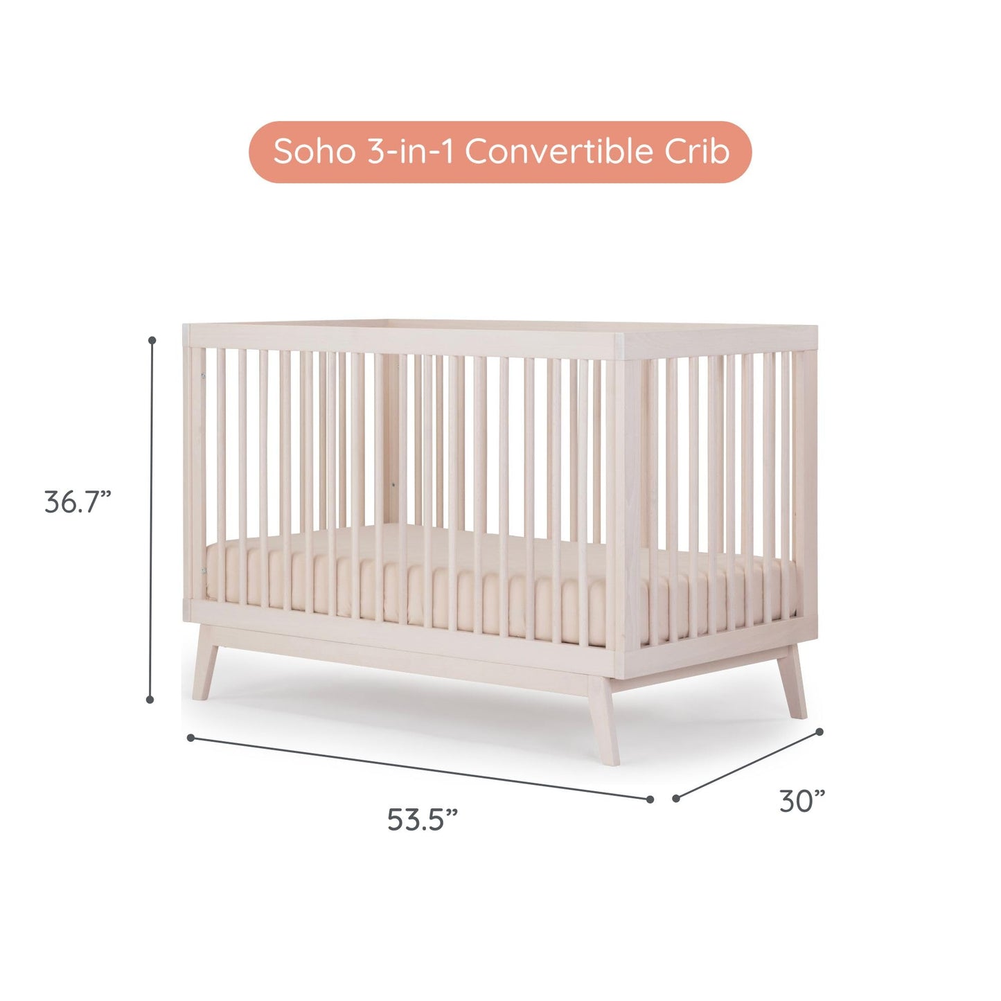 dadada Baby Soho 3-in-1 Convertible Wooden Crib to Toddler Bed - Made in Italy, GREENGUARD Gold Certified, Baby-Safe Finish, Handcrafted Beechwood, Modern Design, 3 Adjustable Heights (Washed Natural)
