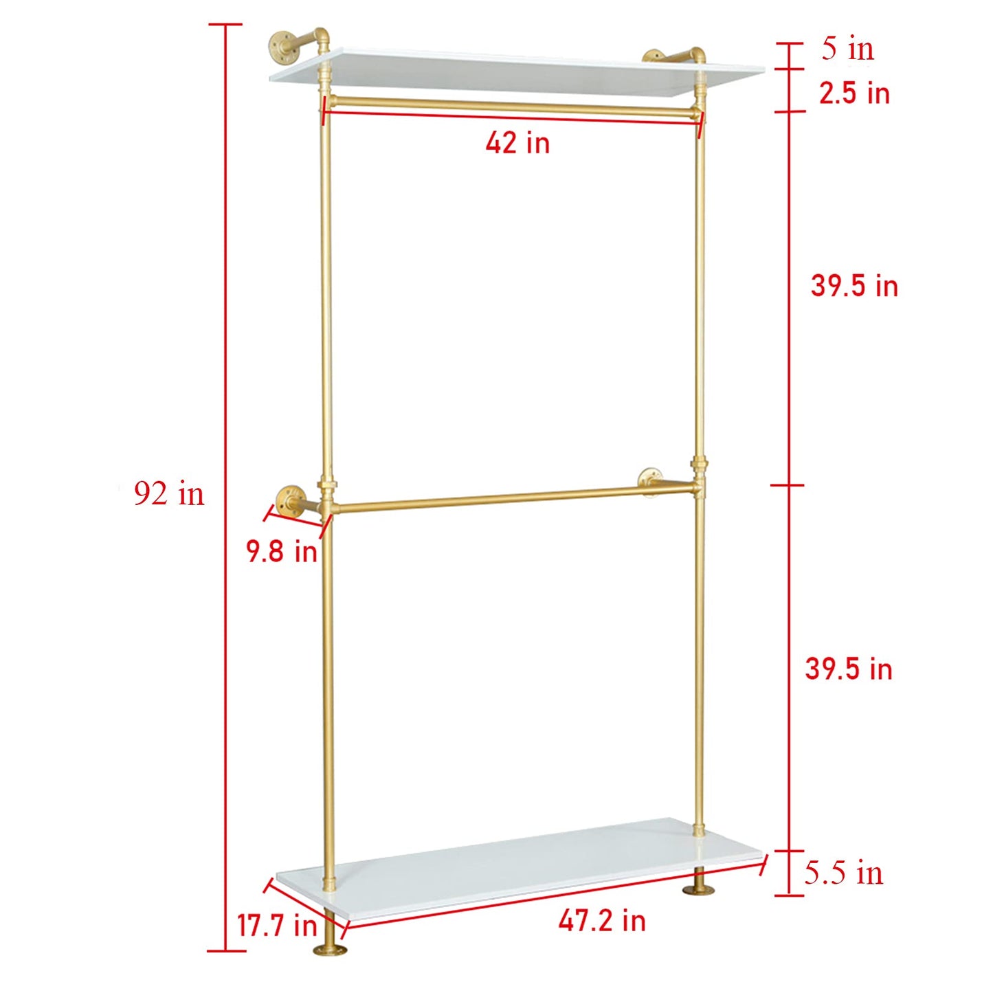 FURVOKIA Modern Simple 2 Tier Industrial Pipe and Wood Garment Rack,Wall Mounted Double Hanging Rods Clothing Rack,Retail Display Storage Clothes Hanging Shelves (One Shelves,Gold, 47.2"L)